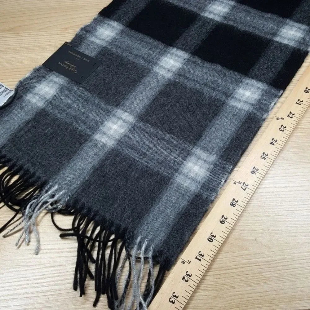 CLUB ROOM Mens Scarf Black Gray Plaid 100% Cashmere Fringe Rectangle 64x12